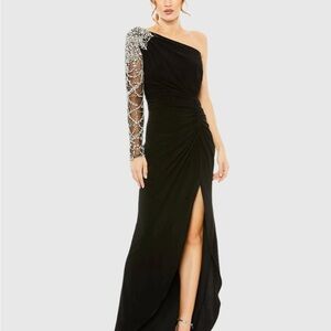 Black Embellished One Shoulder Long Sleeve Gown